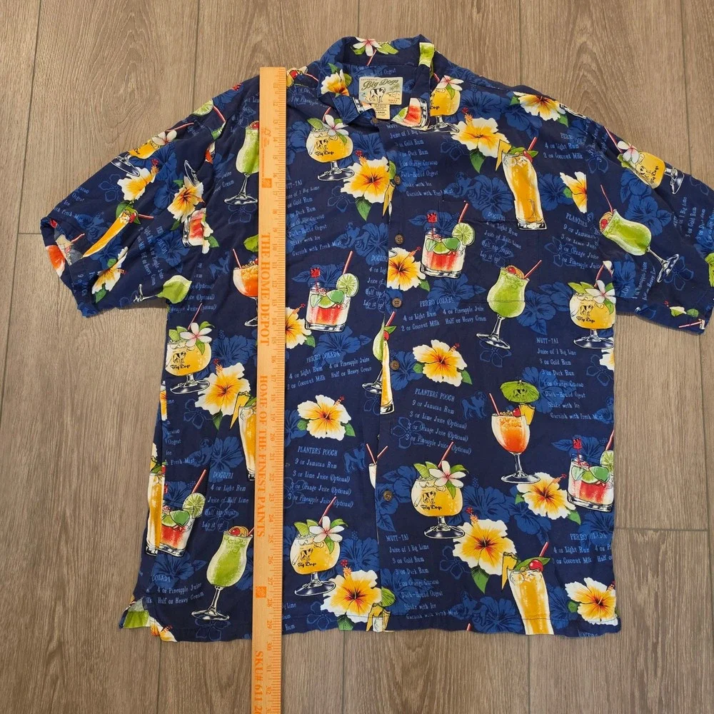Big Dogs Mens Large Hawaiian Shirt Navy Blue Cocktail Drink rayon vintage y2k